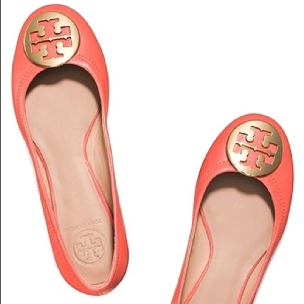 TORY BURCH Poppy Coral PINK Gold Reva Ballet Flats 8
